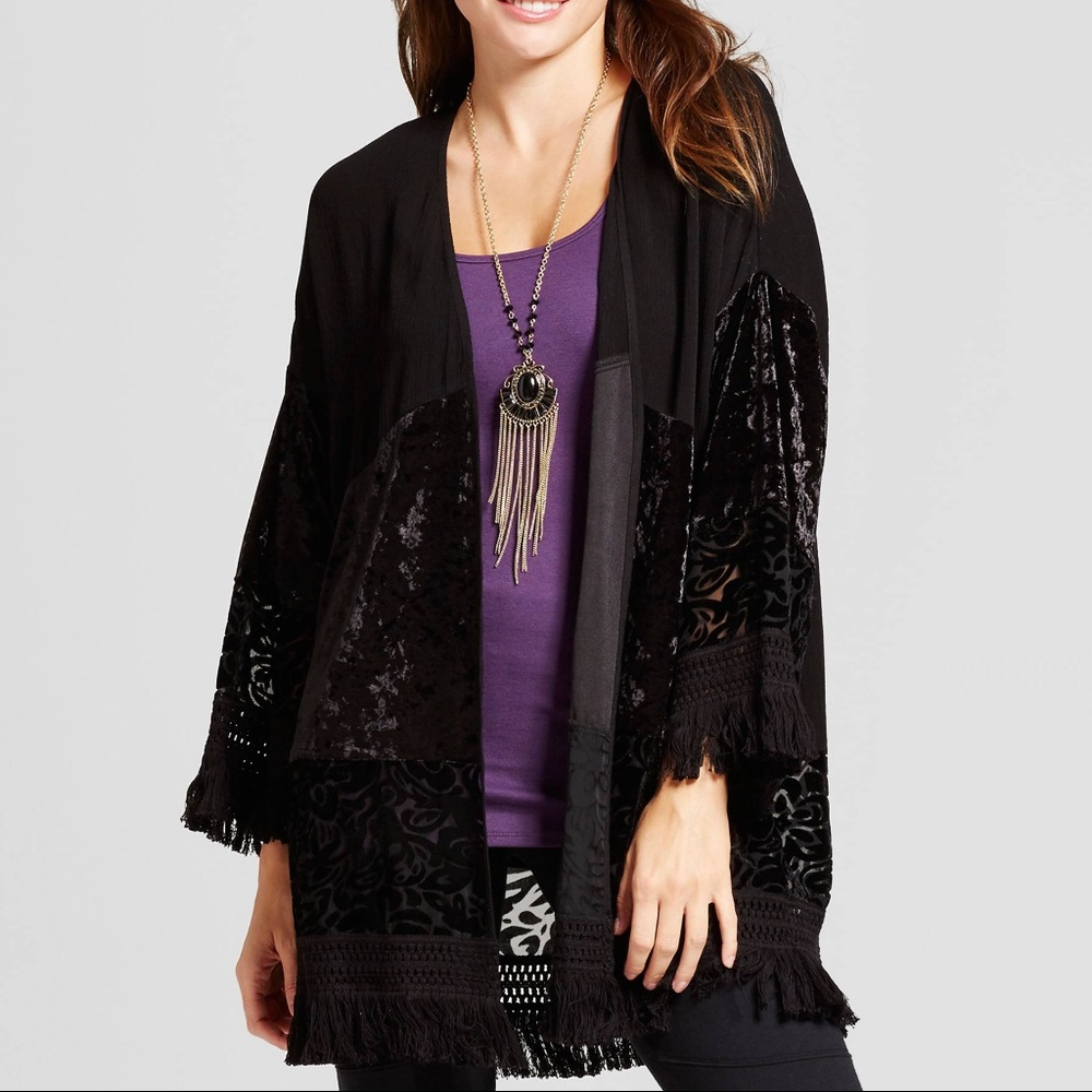 NWT Black Velvet Fringe Kimono / Cover up